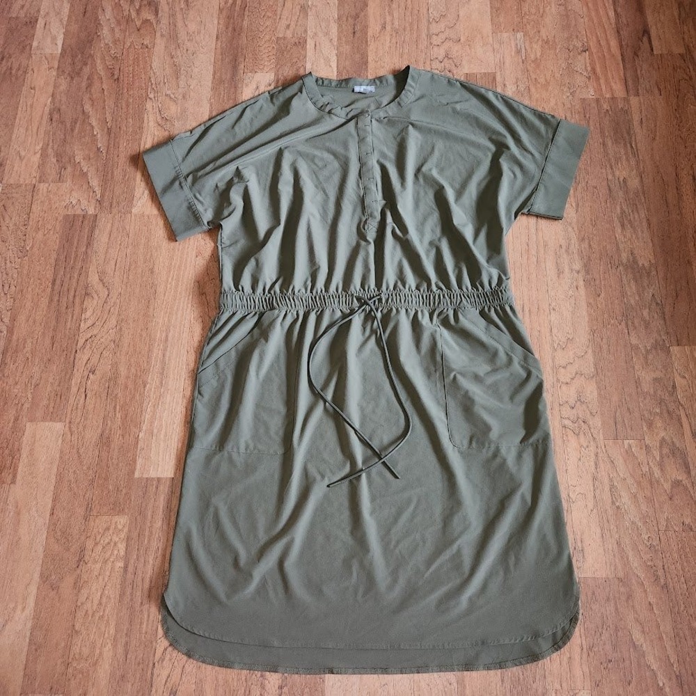 T by Talbots Womens 1X Olive Green Short Sleeve Drawstring Active Dress 655